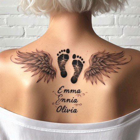 Angel Wings and Footprints Tattoo with Names