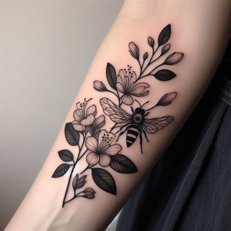 Honeysuckle and Bee Combined Tattoo