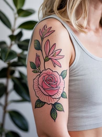 June Birth Flower Honeysuckle and Rose Tattoo