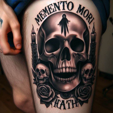 Memento Mori Skull Tattoo on the thigh