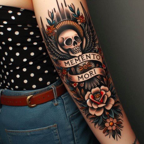 Traditional Memento Mori Tattoo on the full arm