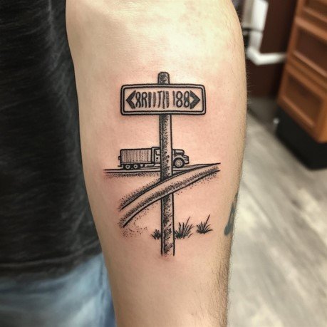 Cross and Road Signs Tattoo Ideas for truck driver