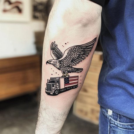 Eagle and American Flag-Inspired truck driver tattoo
