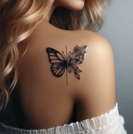 Half Butterfly Half Flower Tattoo on Shoulder