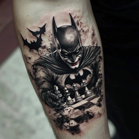 Joker with Batman playing a chess game together tattoo on the arm