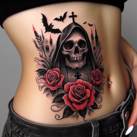 Skull and Roses Halloween Tattoo