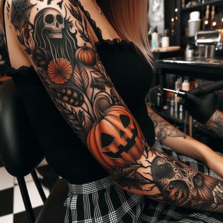 feminine halloween sleeve tattoo on the arm