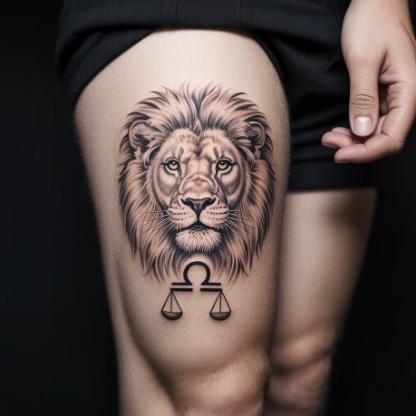 lion libra tattoo on the thigh