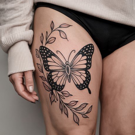 butterfly and flower tattoo on thigh