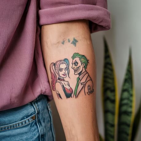 minimalist Harley Quinn and Joker Tattoo