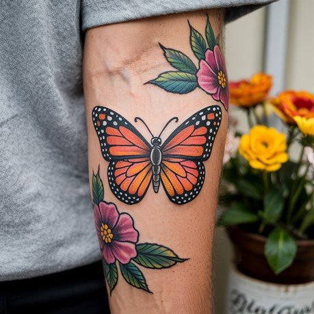 monarch butterfly tattoo with flowers