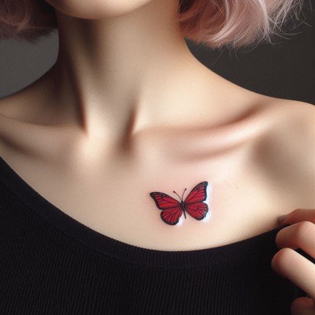 red butterfly tattoo on collarbone