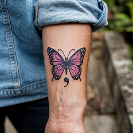semicolon butterfly tattoo on wrist