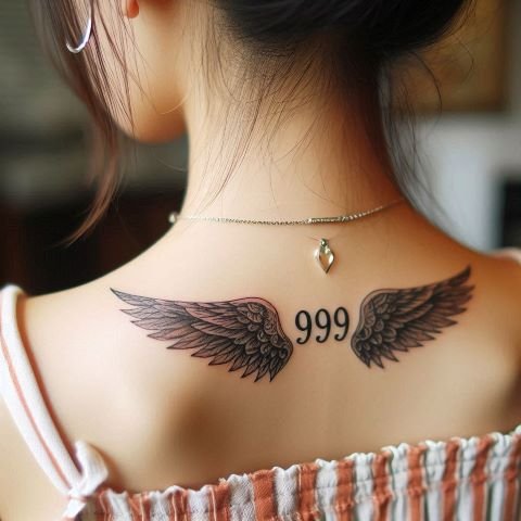 999 angel wings tattoo