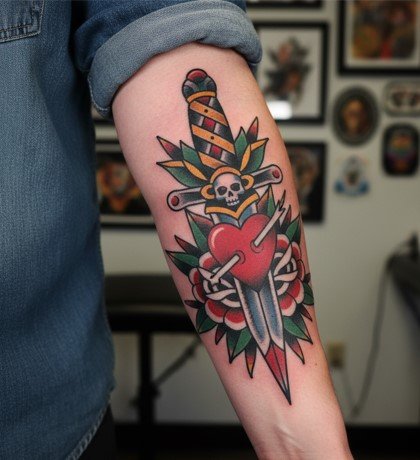 American Traditional Dagger Tattoo