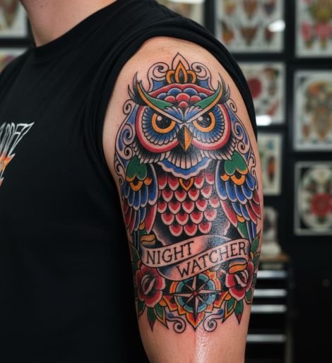 American Traditional Owl Tattoo