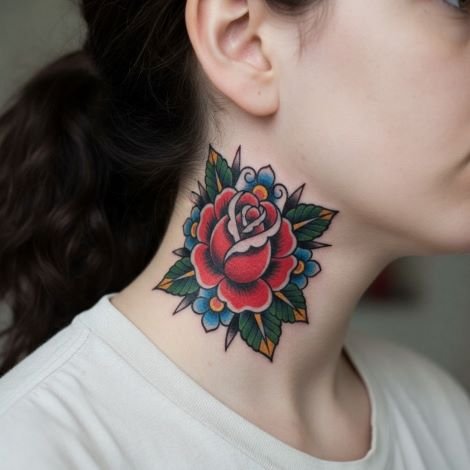 American Traditional Rose Tattoo on the neck
