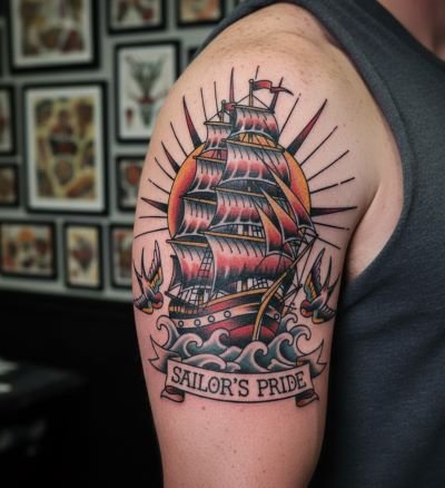 American Traditional Ship Tattoo