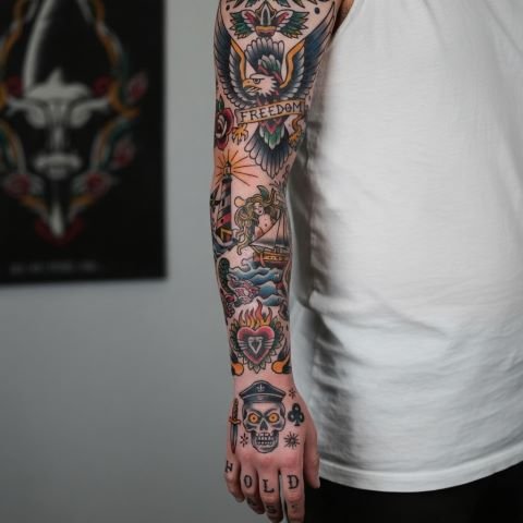 American Traditional Sleeve Tattoo