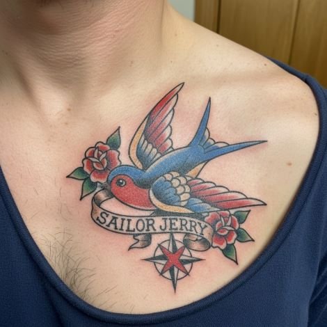 American Traditional Swallow Tattoo on the chest