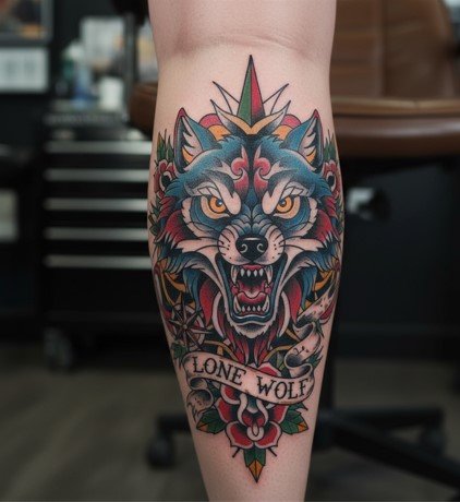 American Traditional Wolf Tattoo on the calf