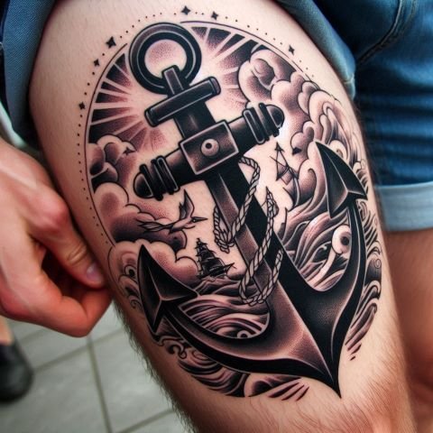 Anchor Thigh Tattoo for men
