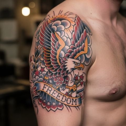 Bold American Traditional eagle tattoo with spread wings