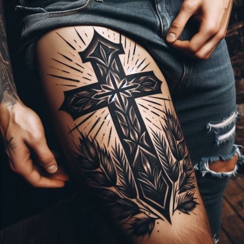 Cross Thigh Tattoo
