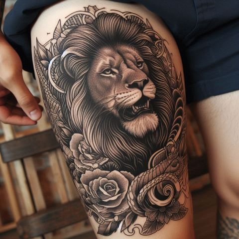 Lion Thigh Tattoo for Men