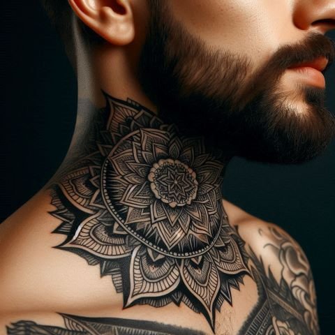 Mandala Throat Tattoo for Men