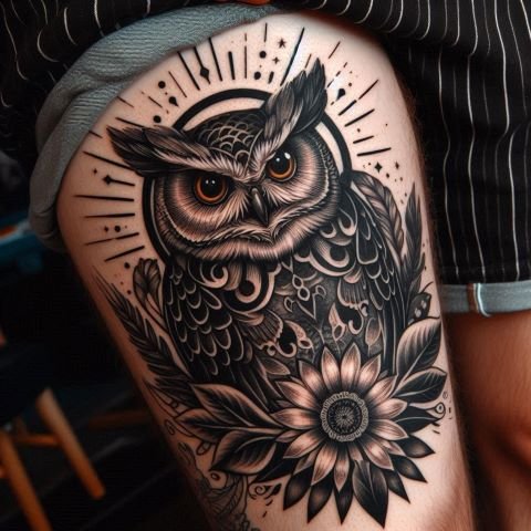 Owl Tattoo on men thigh