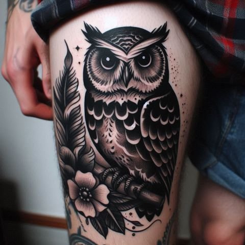 Owl Thigh Tattoo