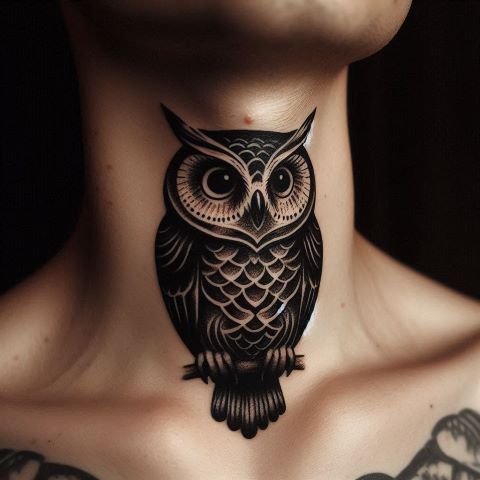 Owl Throat Tattoo for Men