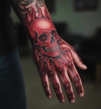 Red Skeleton Hand Tattoo
