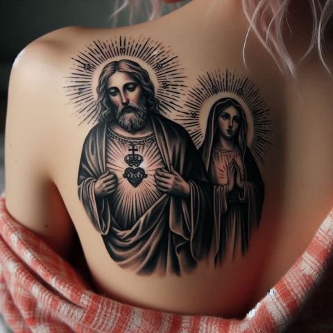 San Judas and Virgin Mary Tattoo on the shoulder