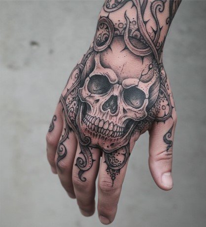 Skeleton Face Hand Tattoo