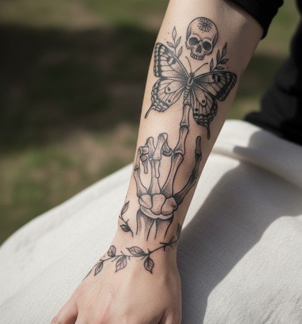 Skeleton Hand Tattoo With Butterfly