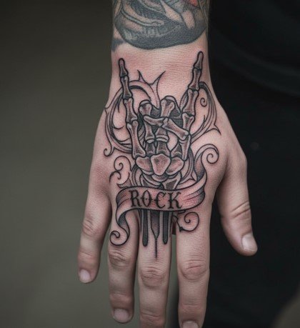 Skeleton Rock on Hand Tattoo
