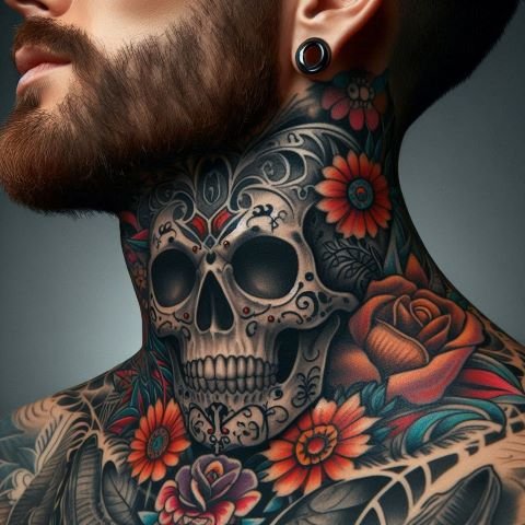 Skull Throat Tattoos for Men