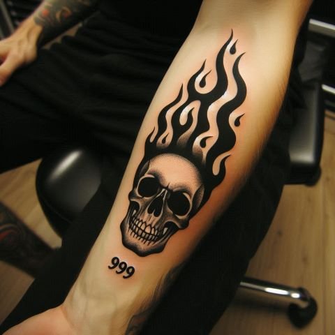 Skull and Flame 999 Tattoo on forearm