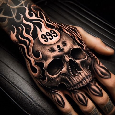 Skull and Flame 999 Tattoo on hand