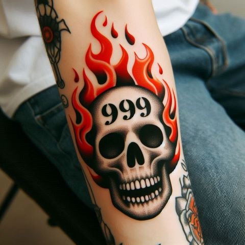 Skull and Flame 999 Tattoo