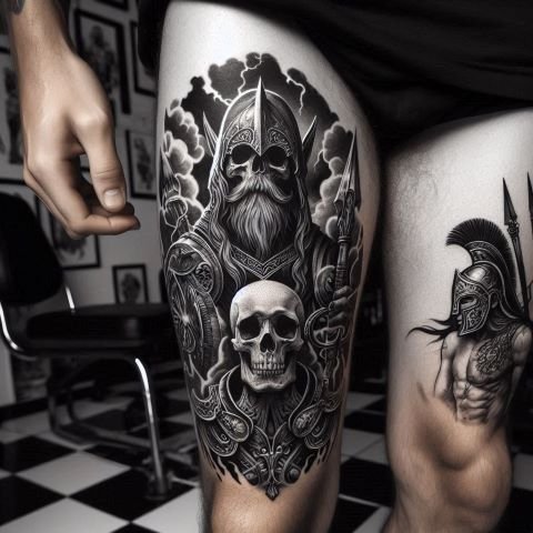 Skull and Warrior Tattoo on the men Thigh