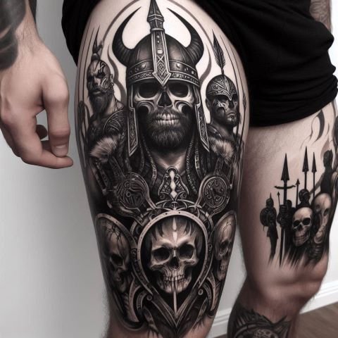 Skulls and Warriors Thigh Tattoo