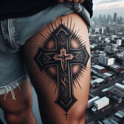 Thigh Cross Tattoo for men