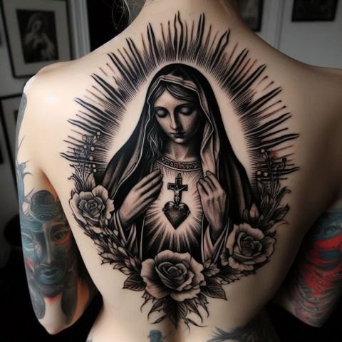 Virgin Mary Back Tattoo