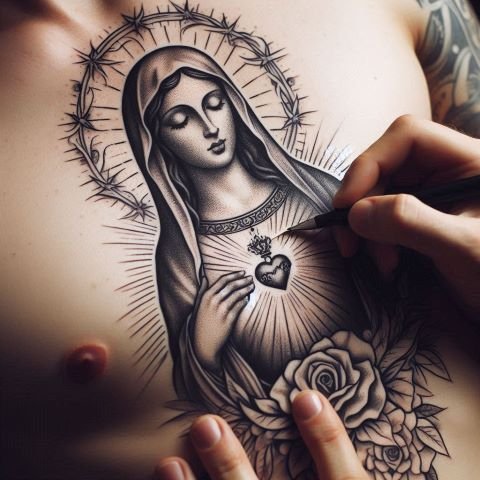 Virgin Mary Chest Tattoo