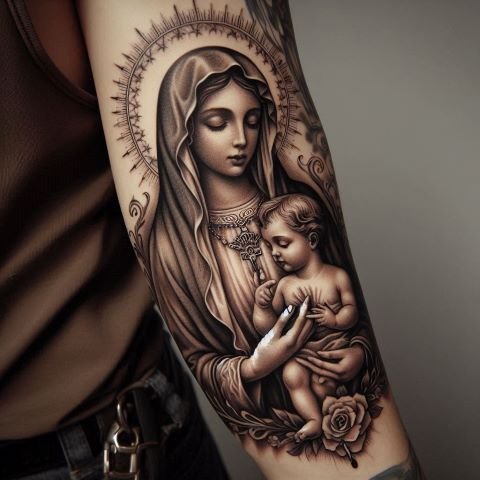 Virgin Mary Holding Baby Jesus Tattoo
