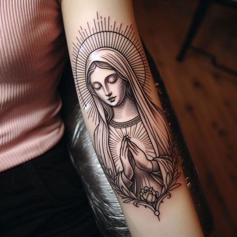 Virgin Mary Outline Tattoo on forearm
