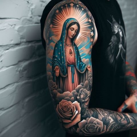 Virgin Mary Sleeve Tattoo